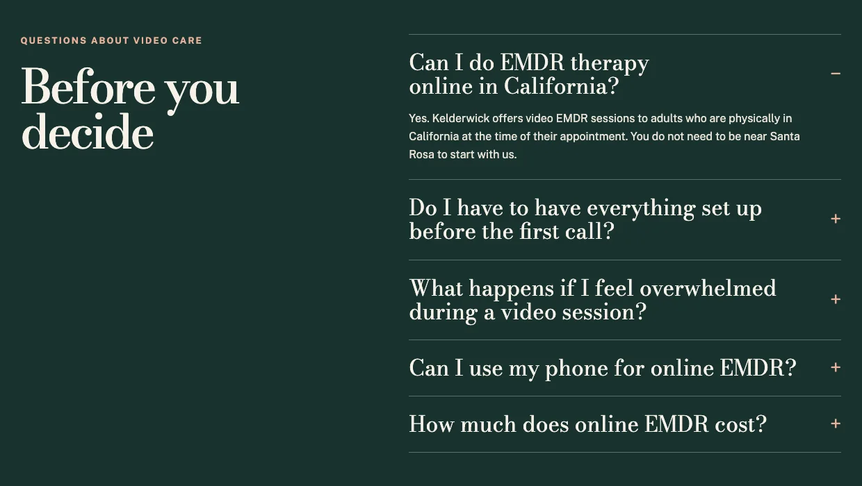 Kelderwick Trauma Therapy's Online EMDR Therapy in California page, built by Theo: the question Can I do EMDR therapy online in California? answered yes, for adults physically in California at the time of their appointment