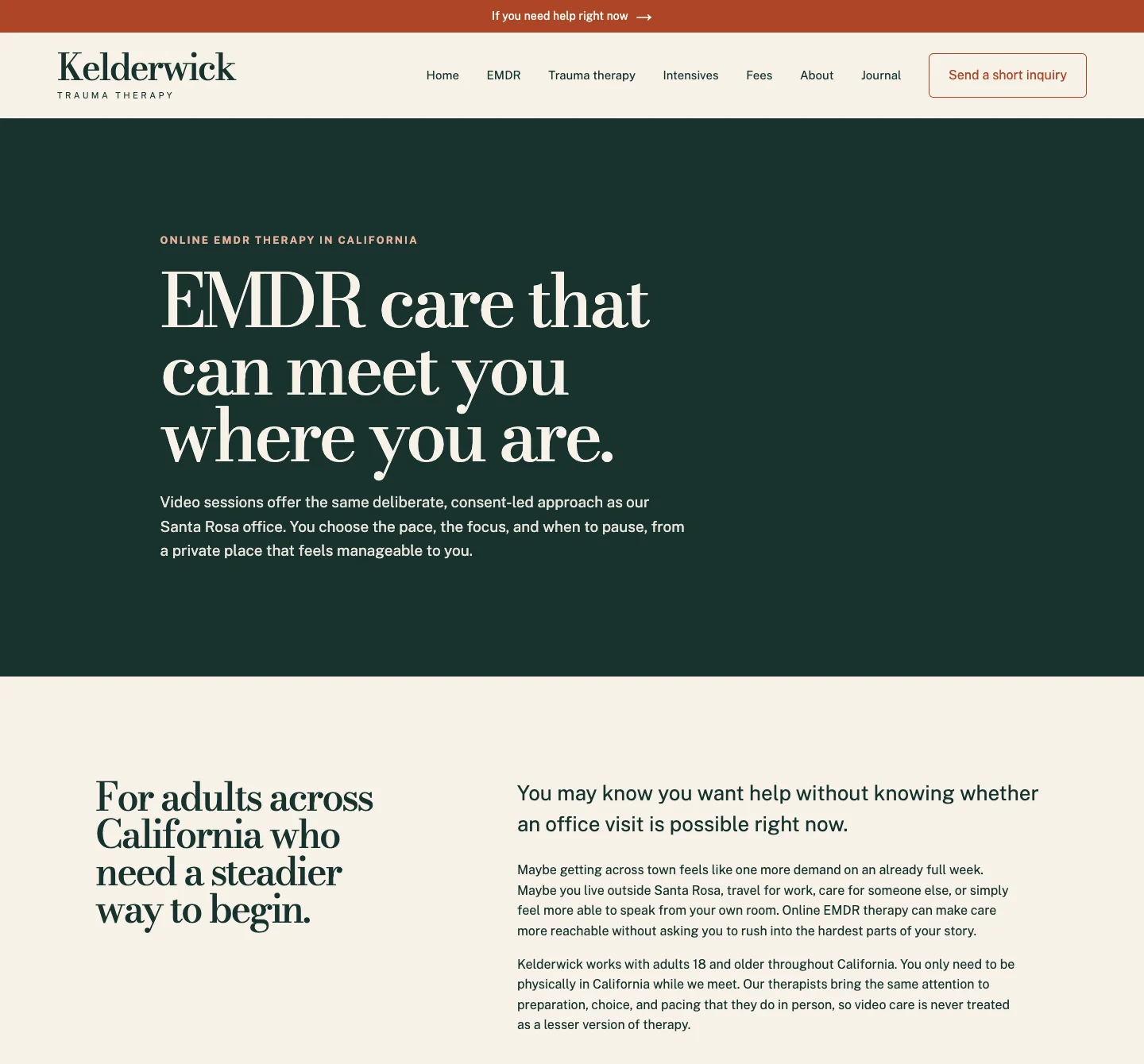 Kelderwick Trauma Therapy's Online EMDR Therapy in California page, built by Theo: the headline EMDR care that can meet you where you are, and a first section for adults across California