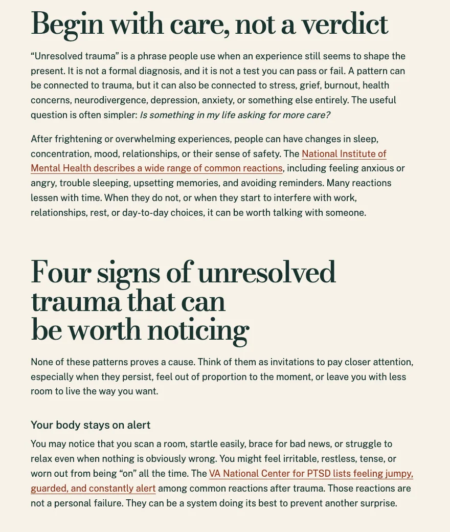 Kelderwick Trauma Therapy's post Signs of Unresolved Trauma: What to Notice, built by Theo: its plain opening and the first of four signs, with links to the National Institute of Mental Health and the VA National Center for PTSD