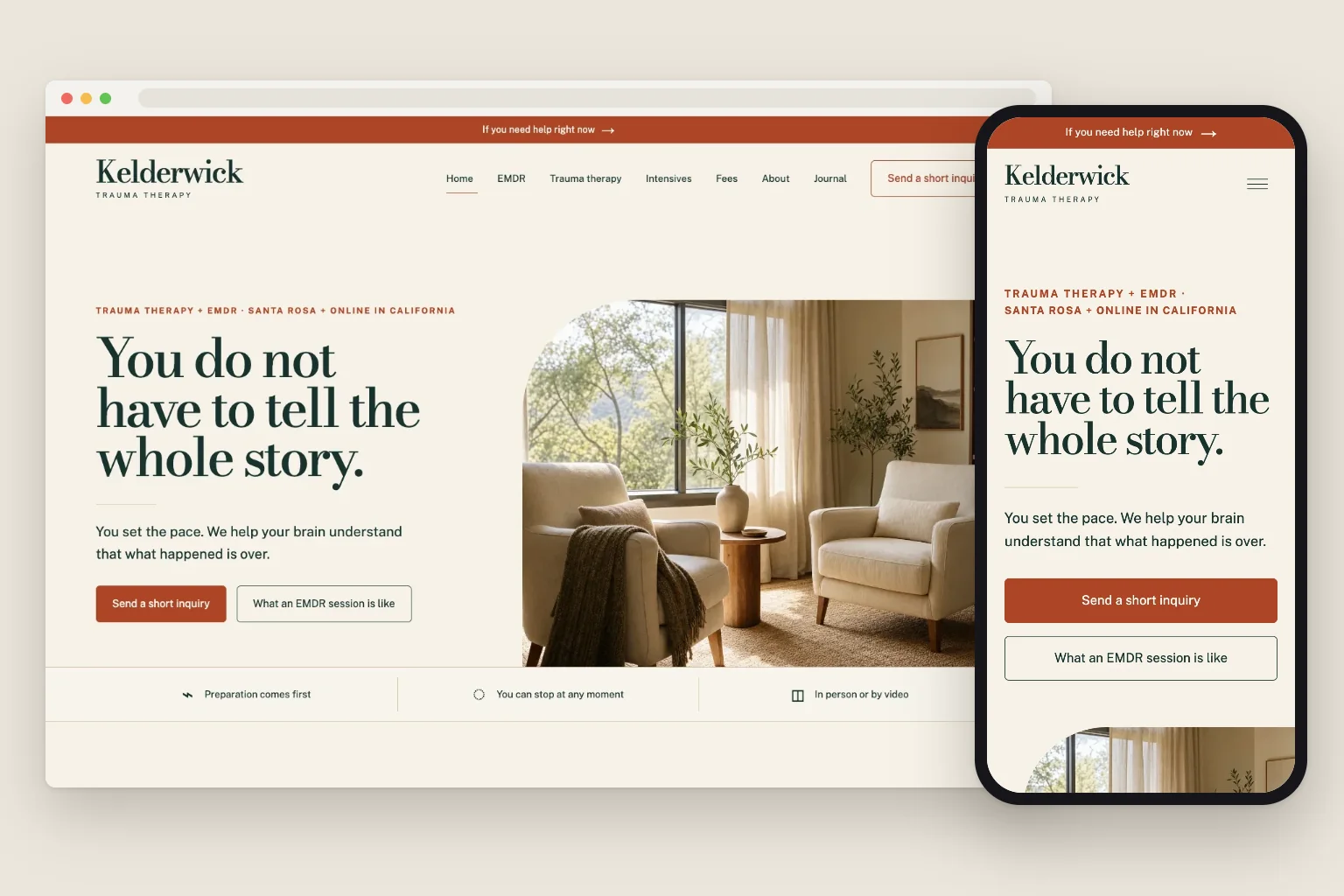 Kelderwick Trauma Therapy home page on a computer and a phone, built by Theo