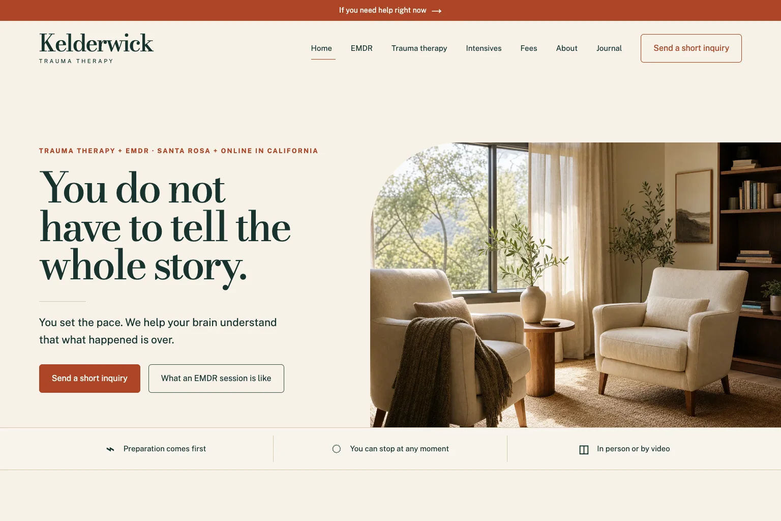 Kelderwick Trauma Therapy home page, built by Theo