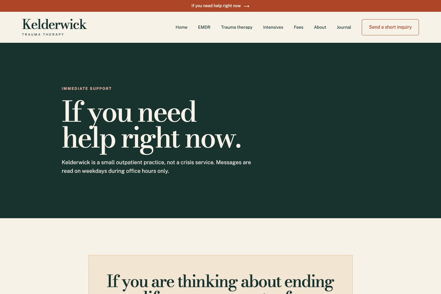 Help right now page of Kelderwick Trauma Therapy, built by Theo