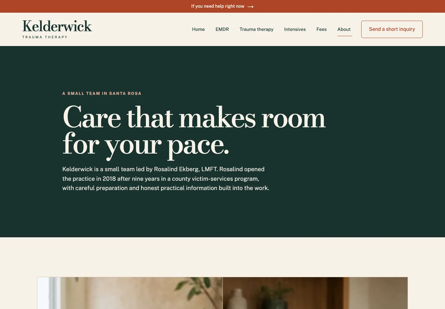 Kelderwick Trauma Therapy About page, built by Theo: a help-right-now link above the menu and the headline Care that makes room for your pace