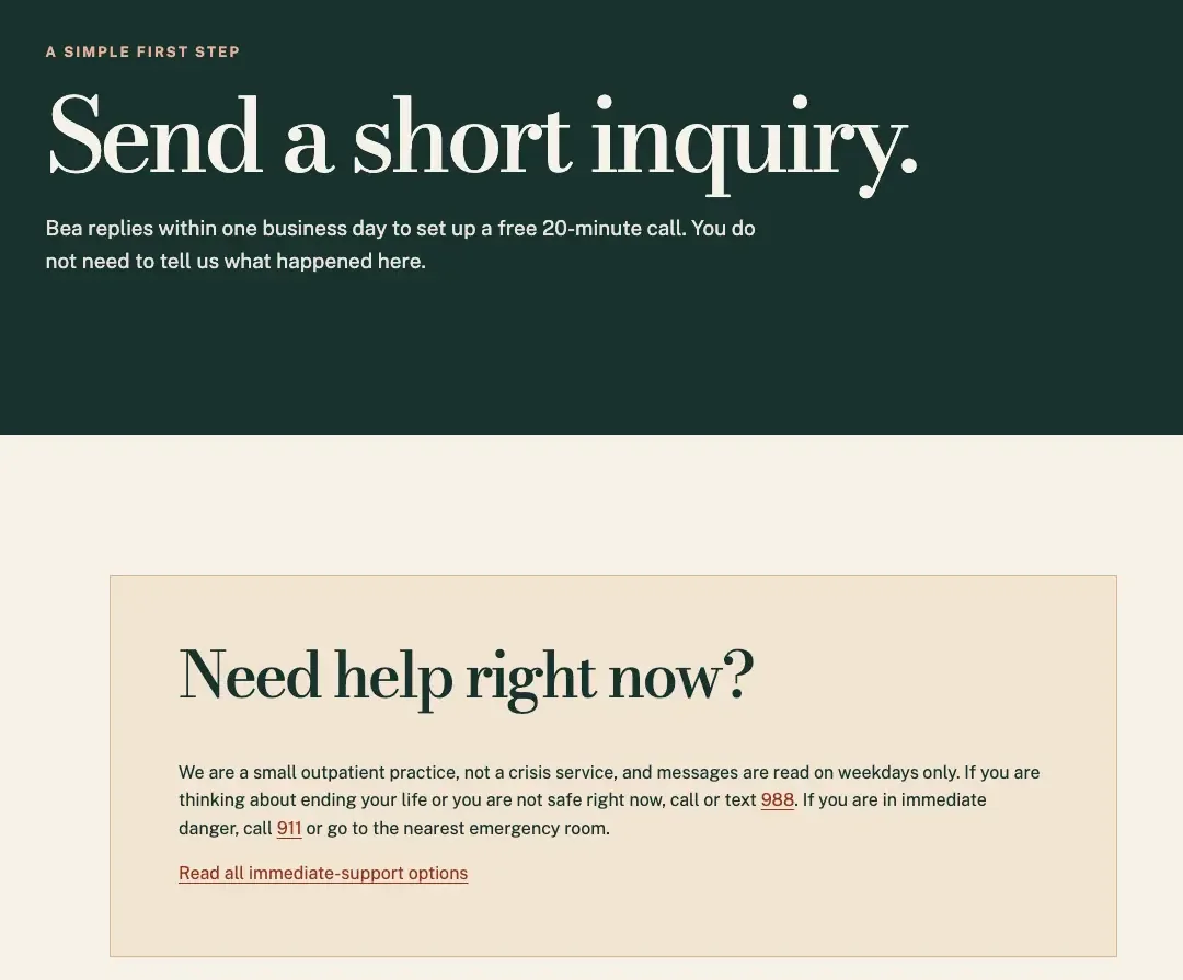 Kelderwick Trauma Therapy contact page, built by Theo: Send a short inquiry, a line on who replies and how soon, and below it a Need help right now box with 988 and 911