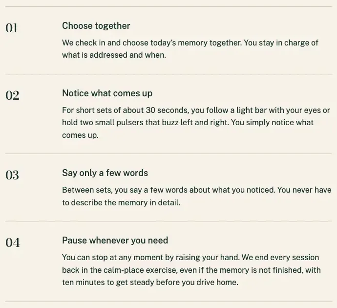 Kelderwick Trauma Therapy EMDR page, built by Theo: four numbered steps, Choose together, Notice what comes up, Say only a few words and Pause whenever you need, each with two or three plain sentences