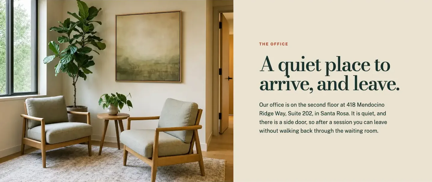 Kelderwick Trauma Therapy about page, built by Theo: a photo of the office with two armchairs by a window, beside the heading A quiet place to arrive, and leave and a note on the side door