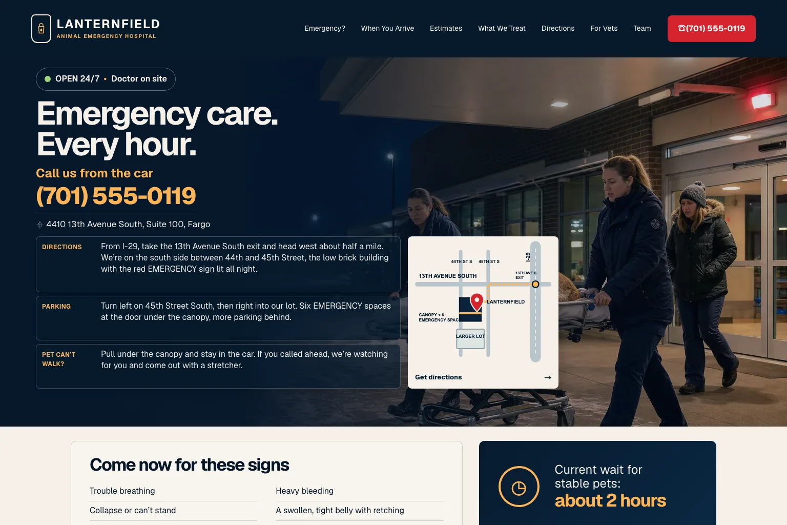 Lanternfield Animal Emergency Hospital home page, built by Theo
