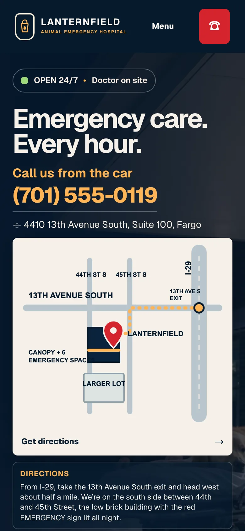 Lanternfield Animal Emergency Hospital home page on a phone, built by Theo