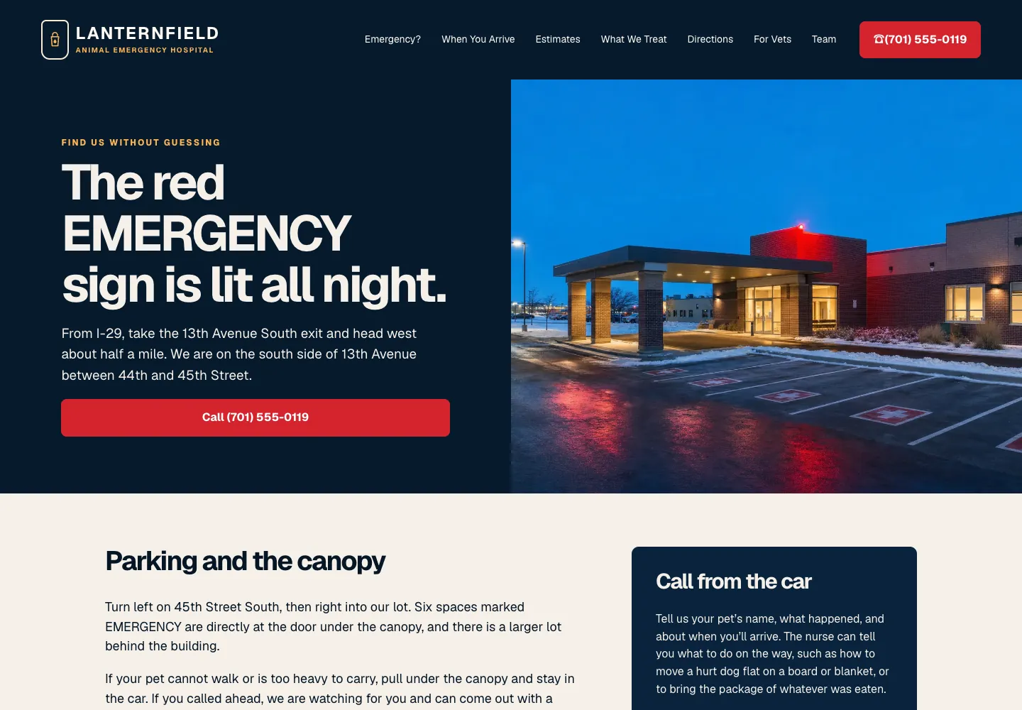 Directions page of Lanternfield Animal Emergency Hospital, built by Theo