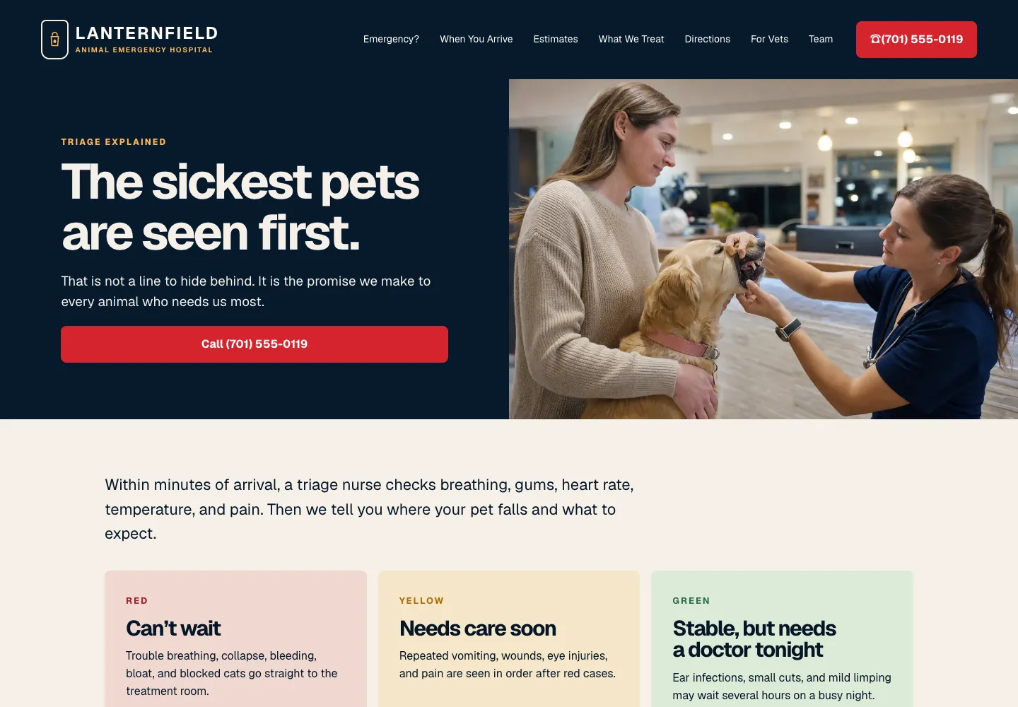 Arrival page of Lanternfield Animal Emergency Hospital, built by Theo