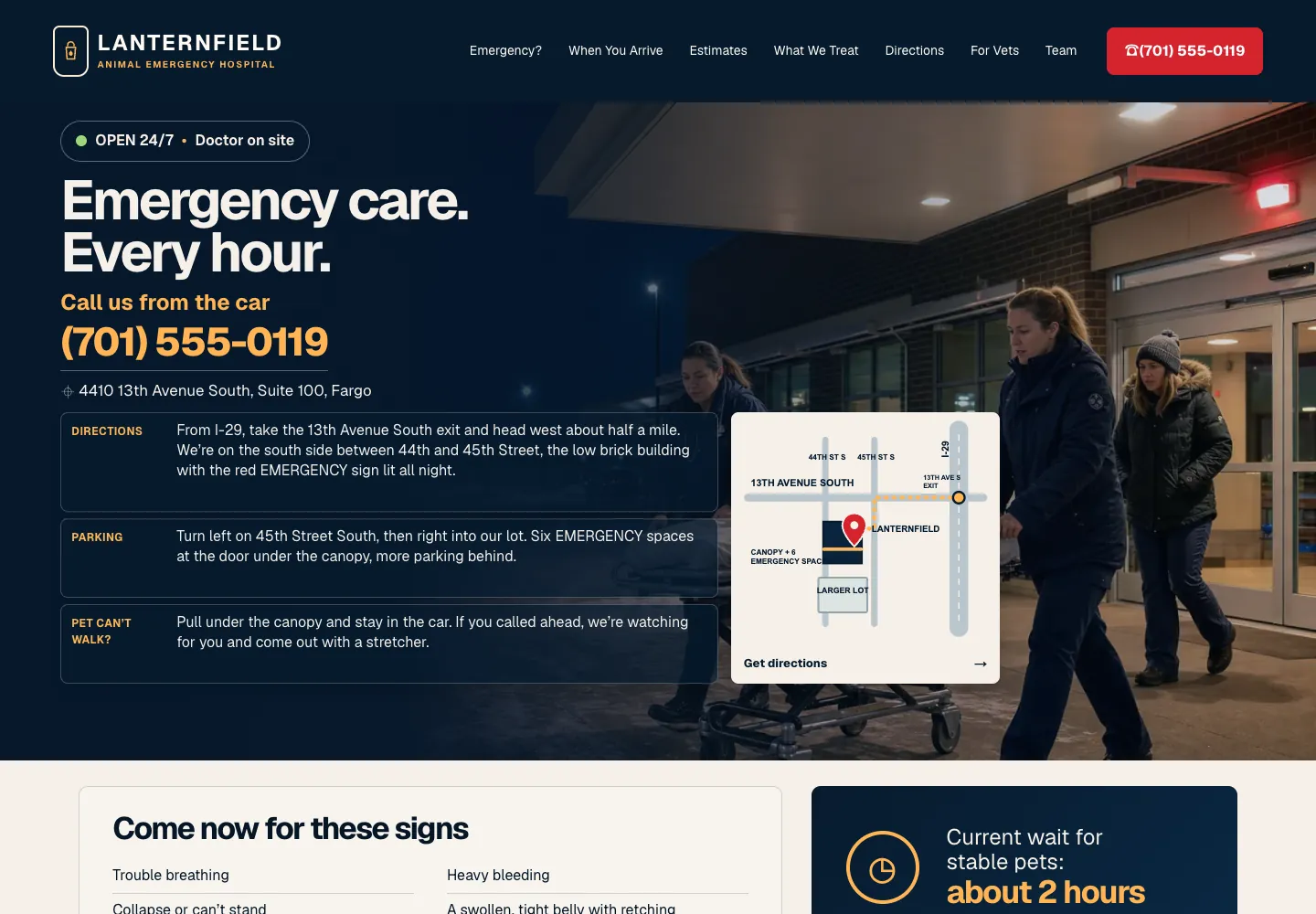 Lanternfield Animal Emergency Hospital home page, built by Theo: Call us from the car above the phone number in large type, with directions, parking and a small map below