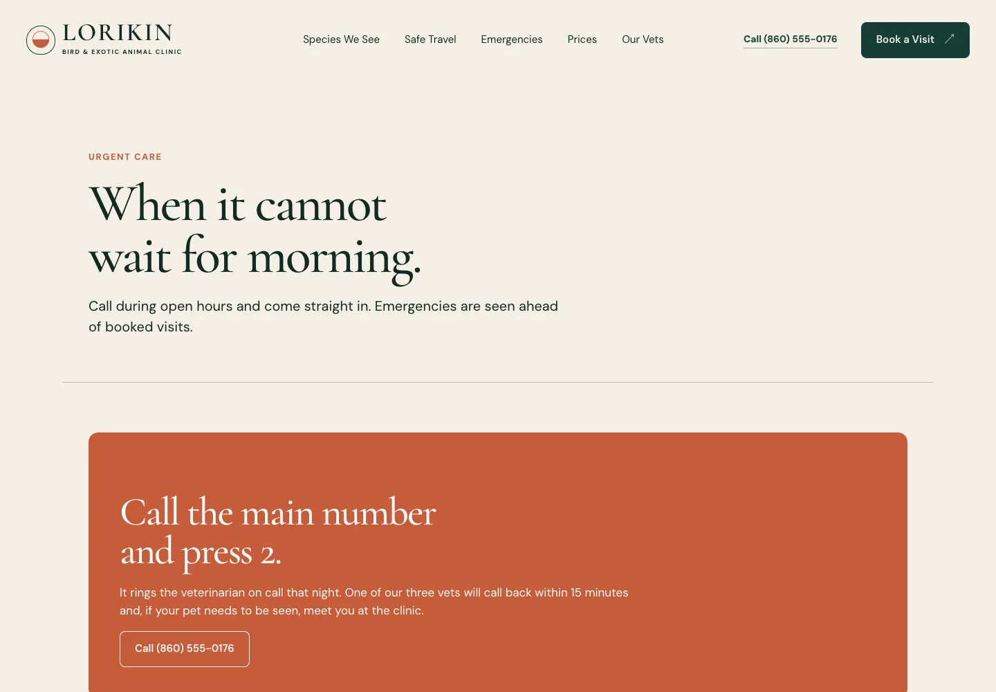 Lorikin Bird & Exotic Animal Clinic after-hours page, built by Theo: the headline When it cannot wait for morning and a box saying to call the main number and press 2