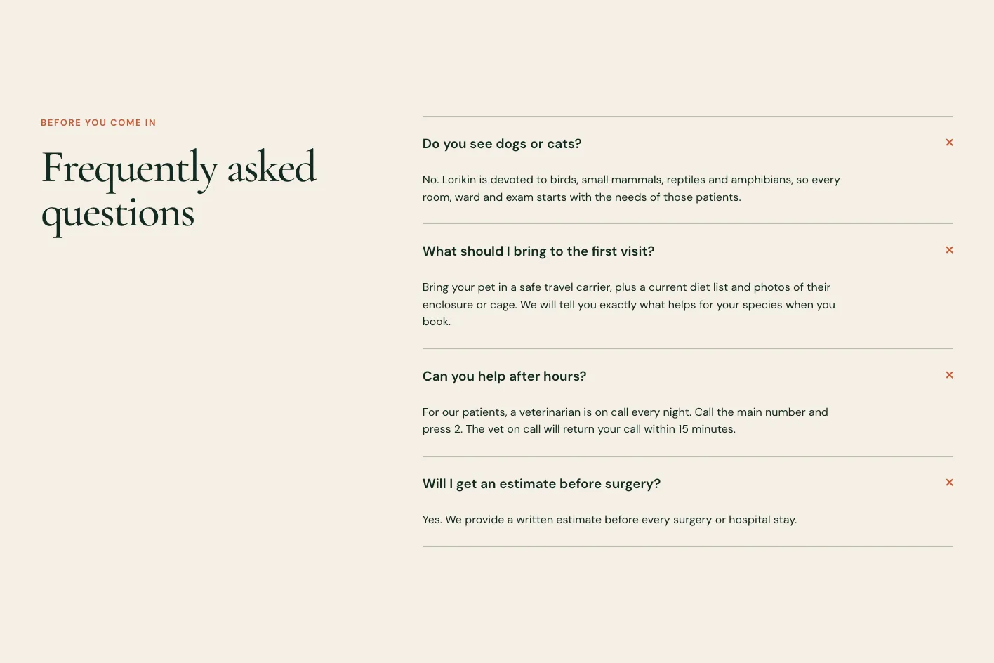 Lorikin Bird & Exotic Animal Clinic home-page FAQ, built by Theo: four answers opened, from Do you see dogs or cats? to Will I get an estimate before surgery?