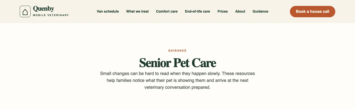 The top of Quenby Mobile Veterinary's Senior Pet Care page, under Guidance, with Guidance in the main menu, built by Theo
