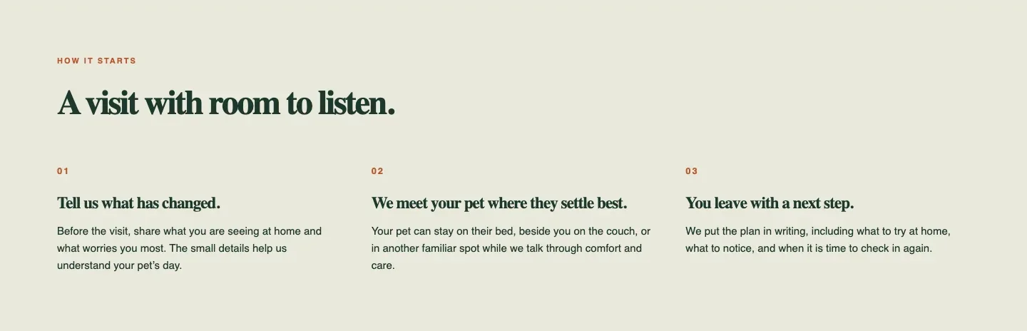 How a first visit starts, in three steps, on Quenby Mobile Veterinary's palliative care page, built by Theo