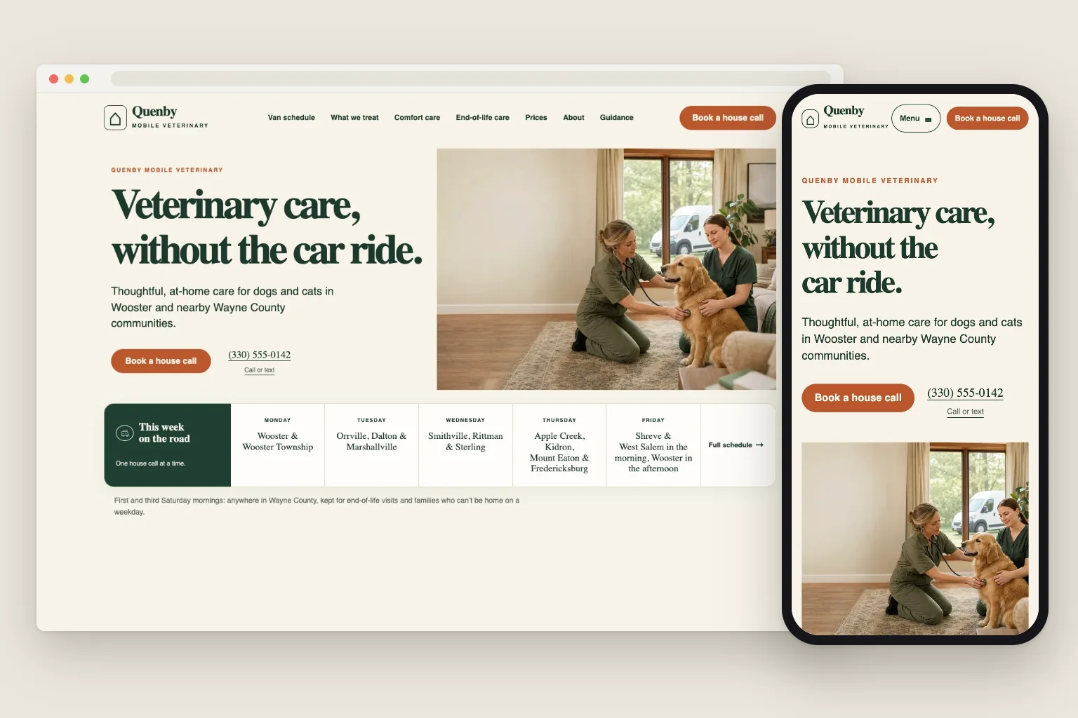 Quenby Mobile Veterinary home page on a computer and a phone, built by Theo