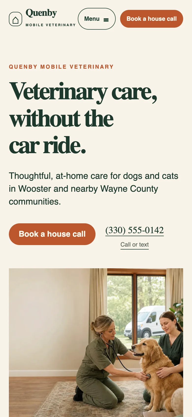 Quenby Mobile Veterinary home page on a phone, built by Theo