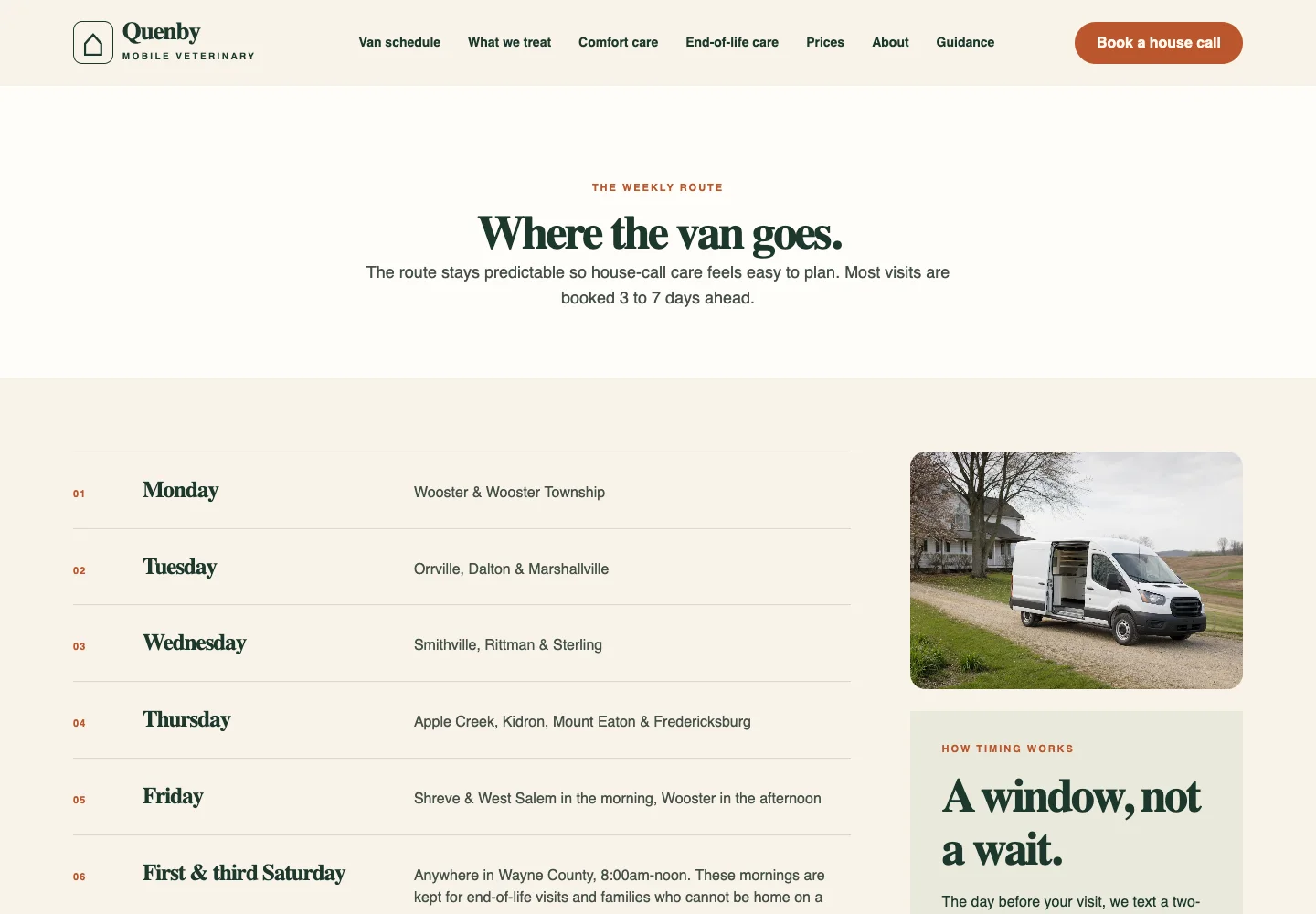 Van schedule page of Quenby Mobile Veterinary, built by Theo