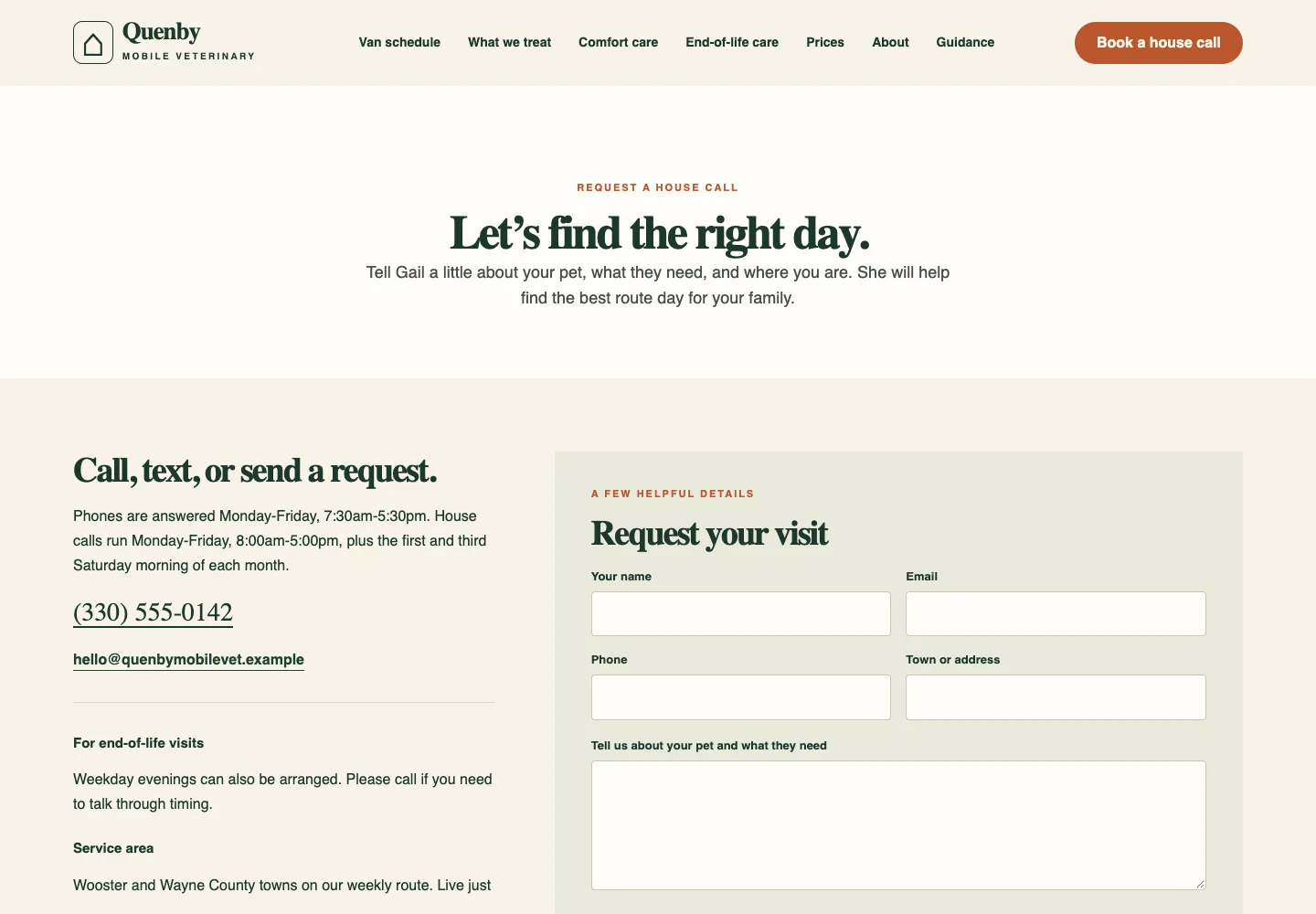 Book a visit page of Quenby Mobile Veterinary, built by Theo