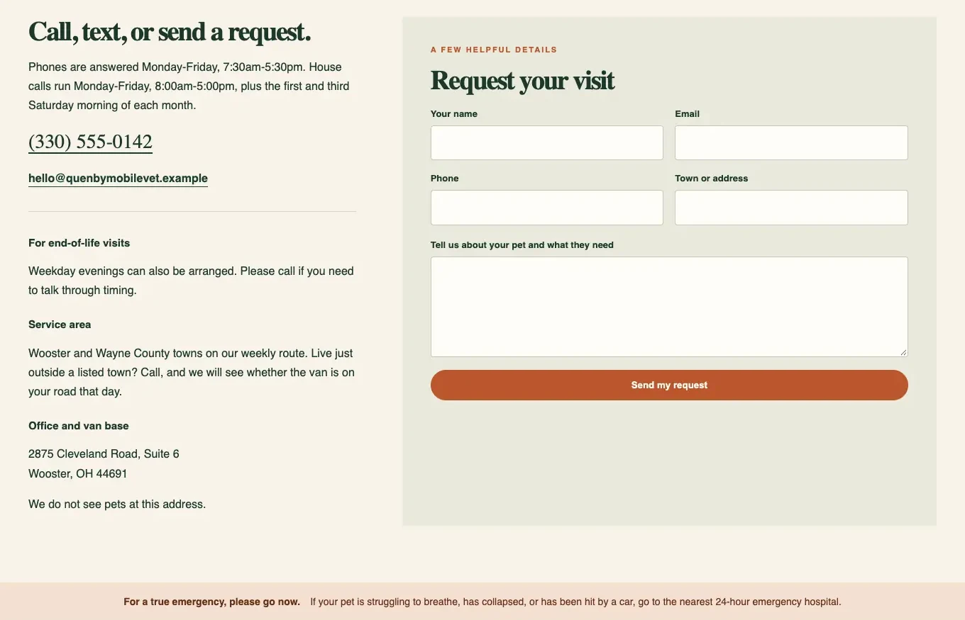 Quenby Mobile Veterinary booking page with phone hours and a request form, built by Theo