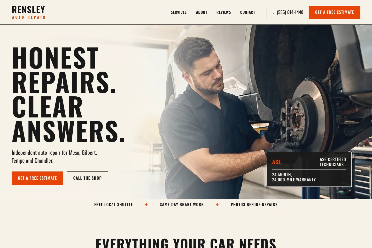 Demo auto repair site built by Theo, with free estimate and call buttons, ASE-certified technicians and a 24-month, 24,000-mile warranty