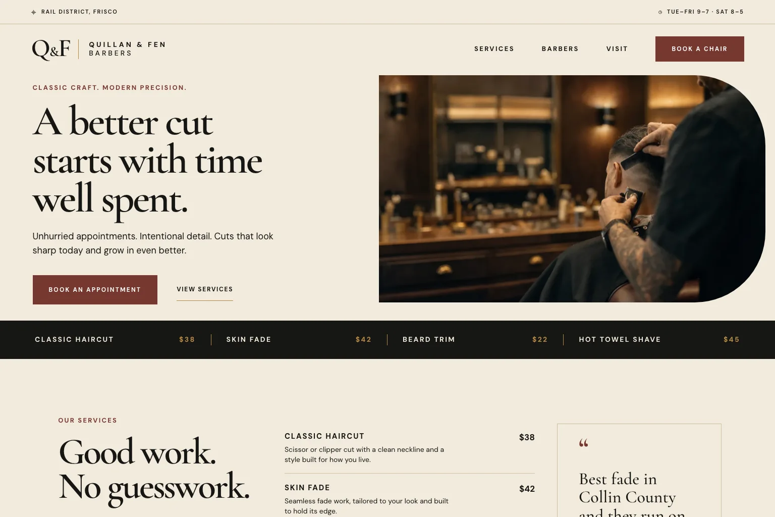 Demo barbershop site built by Theo, with a booking button in the header and a strip of services with their prices under the headline
