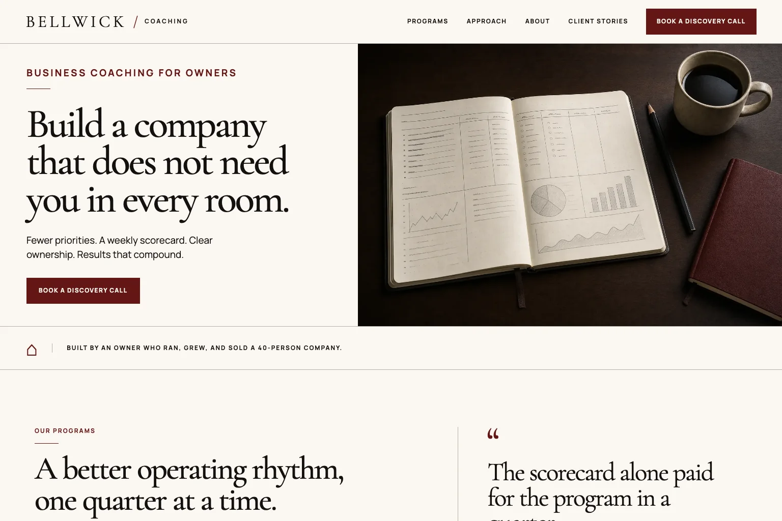 Demo business coaching site built by Theo, with a discovery call button and Programs, Approach, About and Client stories in the menu