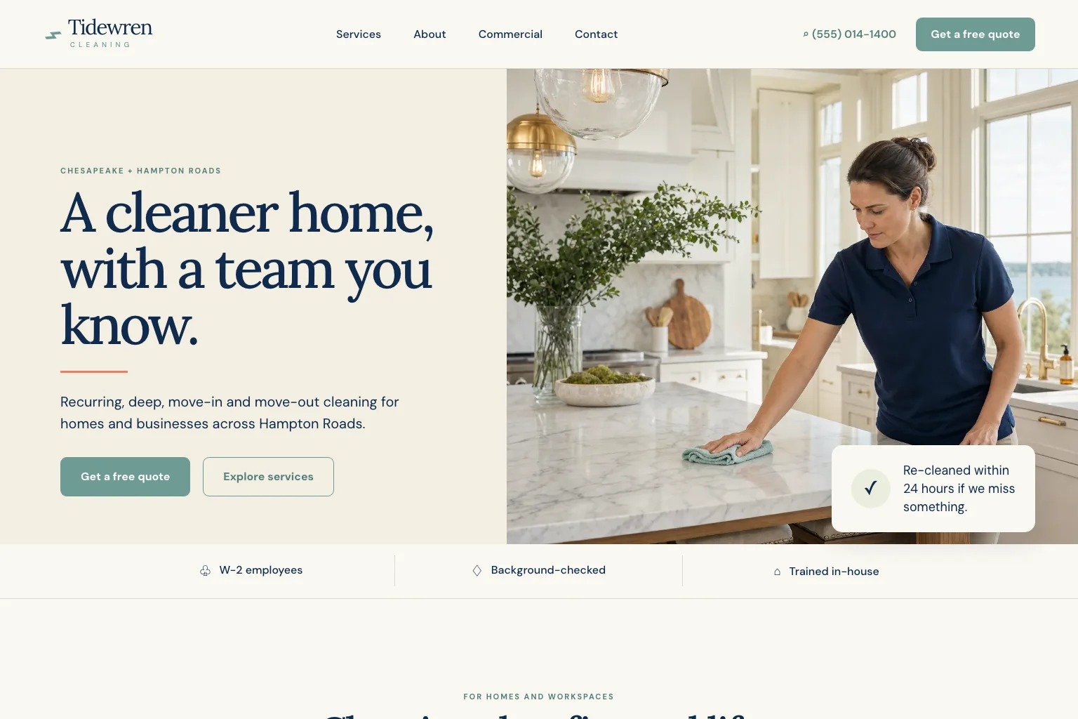 Demo cleaning service site built by Theo, with a free quote button, a W-2, background-checked team and a 24-hour re-clean promise