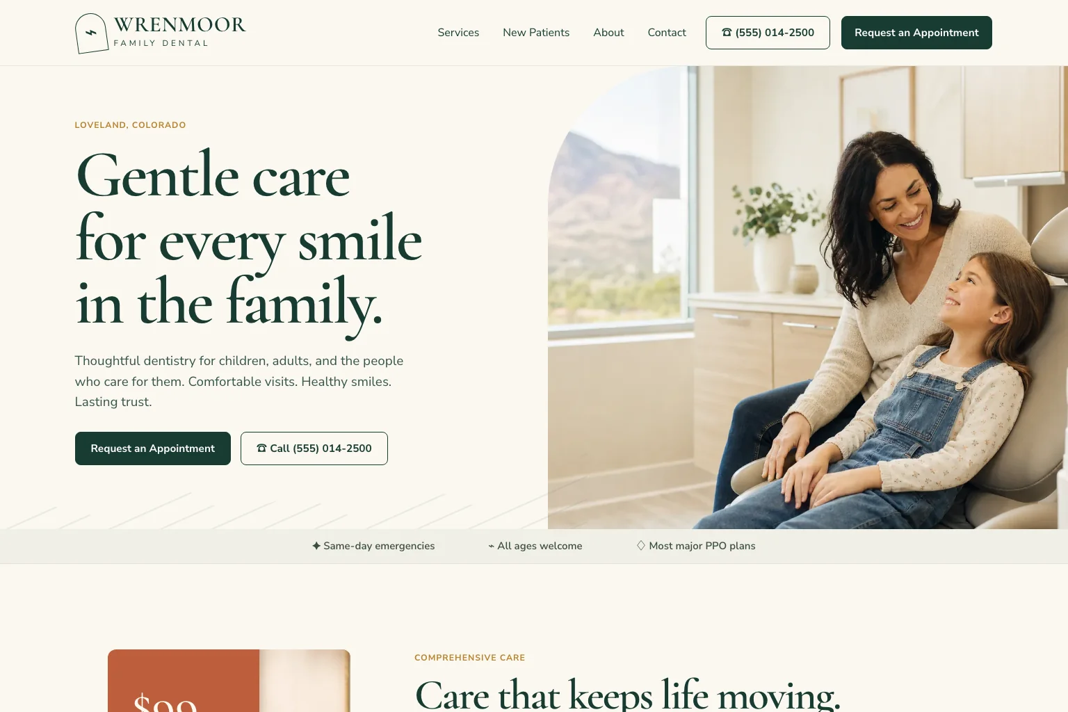 Demo dental practice site built by Theo, with appointment request and call buttons and a strip noting same-day emergencies and most major PPO plans