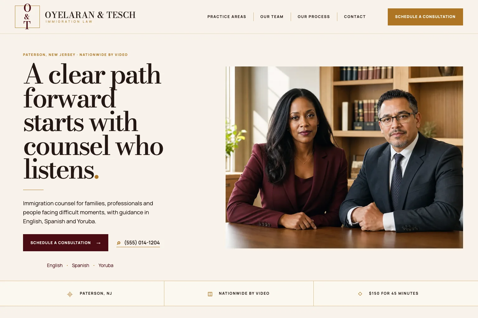 Demo immigration law firm site built by Theo, with a consultation button, guidance in English, Spanish and Yoruba, and service nationwide by video
