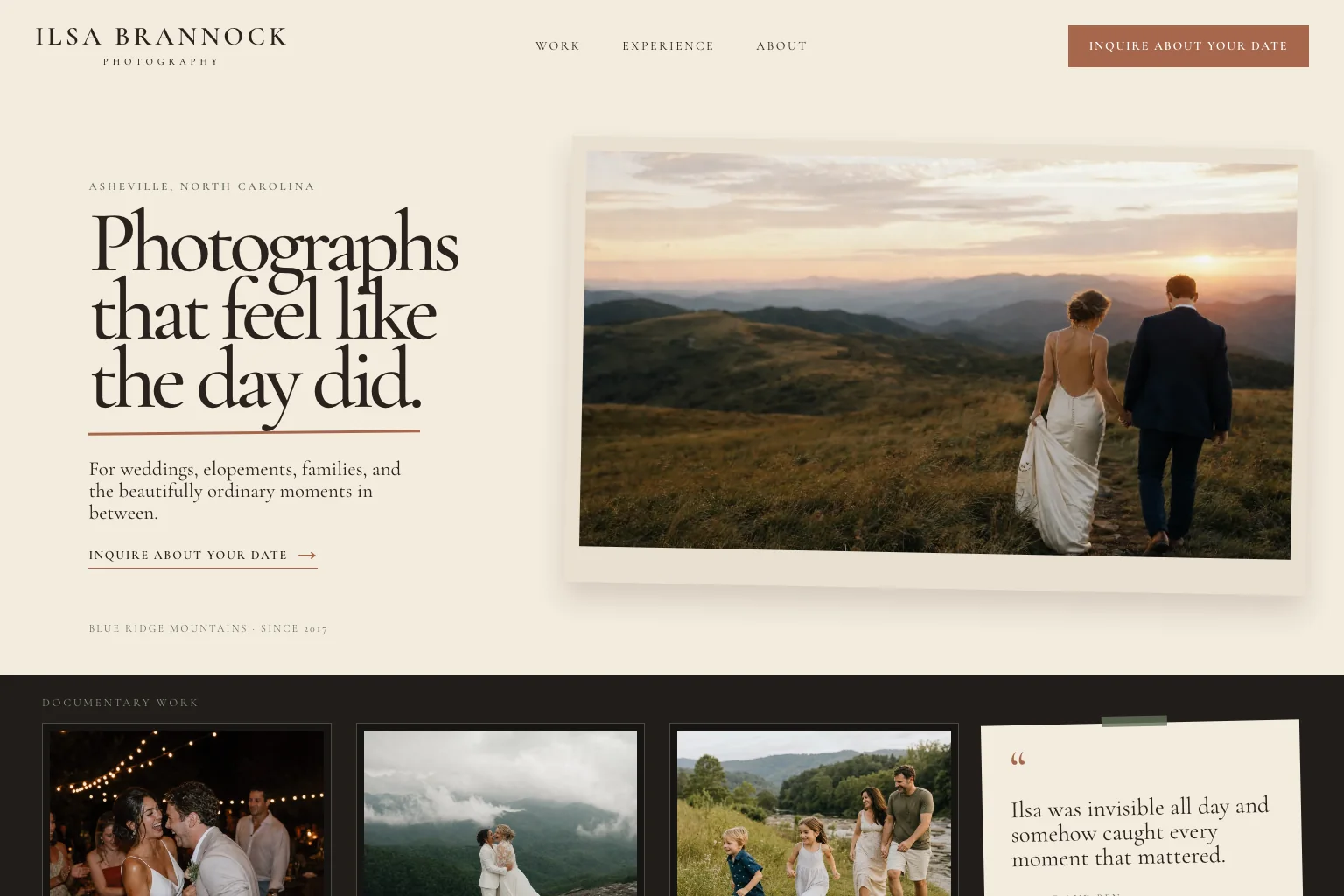 Demo photographer site built by Theo, with an inquiry button for your date and a strip of wedding, elopement and family photos