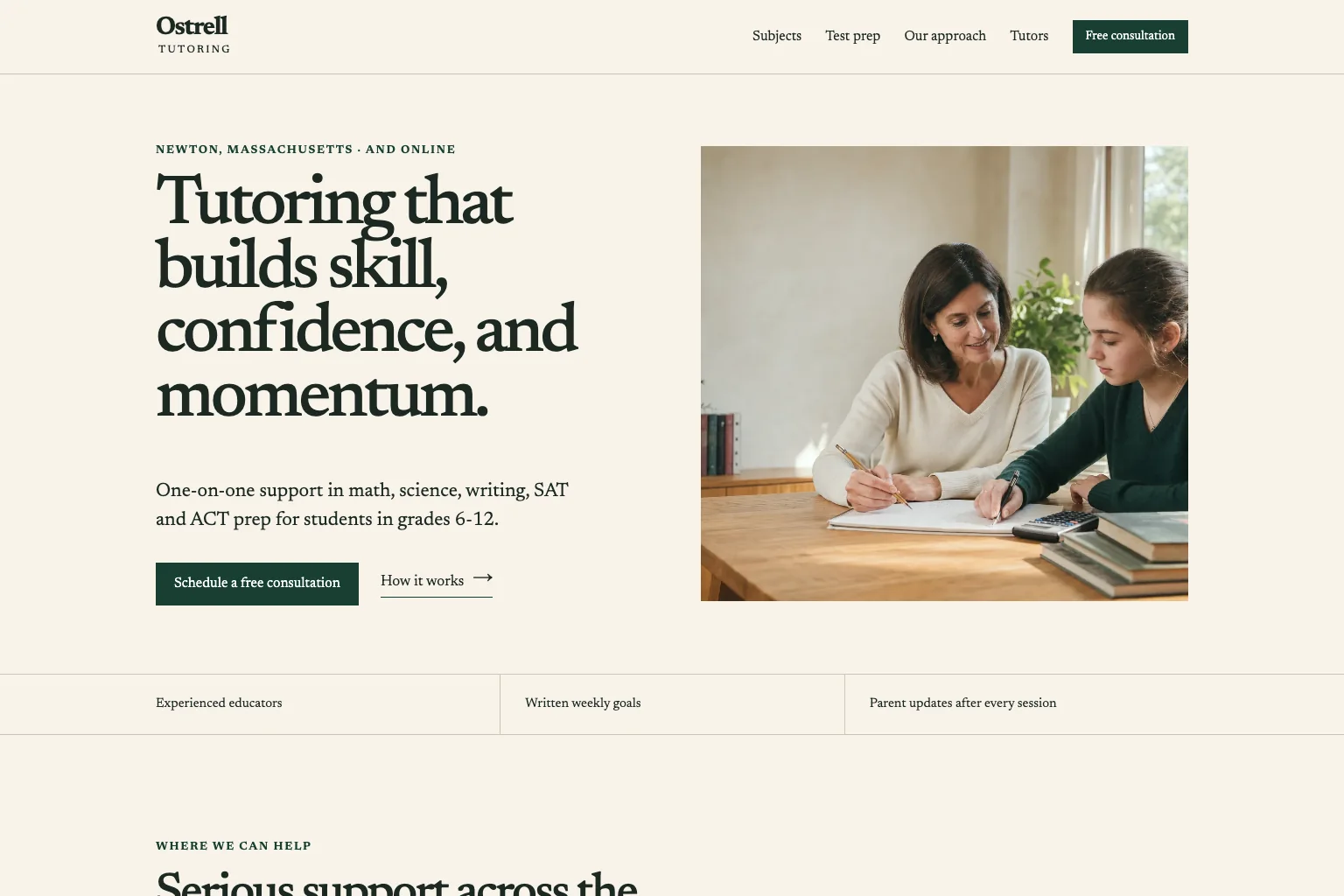 Demo tutoring site built by Theo, with a free consultation button for one-on-one math, science, writing, SAT and ACT prep