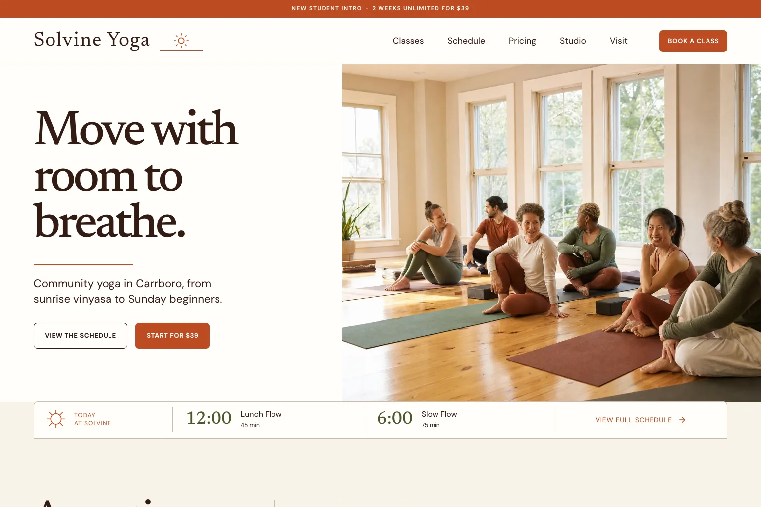 Demo yoga studio site built by Theo, with schedule and $39 intro offer buttons above a strip of today's class times